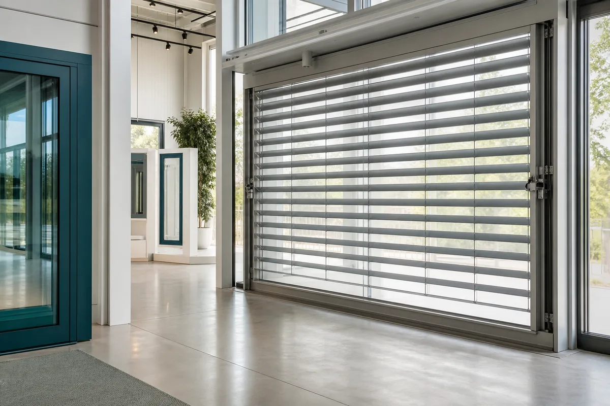 Brise-soleil orientable aluminium déployé devant une baie vitrée