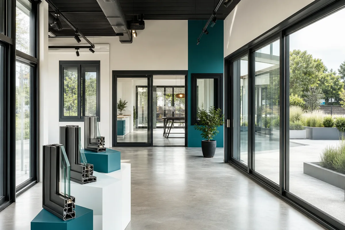Fenêtres aluminium exposées dans un espace de présentation de menuiseries