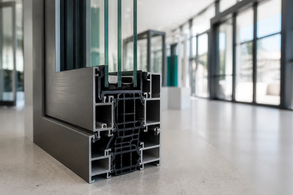 Coupe d’un profilé de fenêtre aluminium montrant la barrette isolante en polyamide