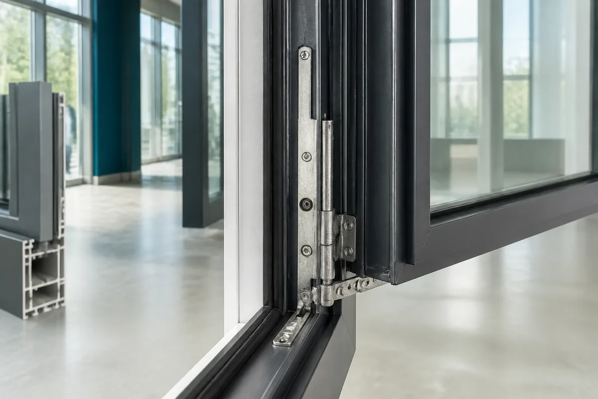 Détail de la quincaillerie et des joints d’une fenêtre aluminium ouverte