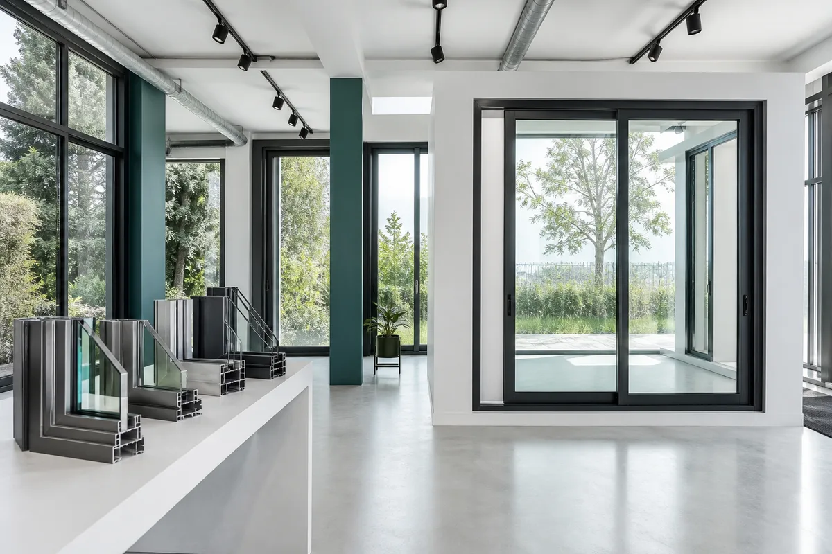 Fenêtres et baies aluminium présentées dans un espace d’exposition