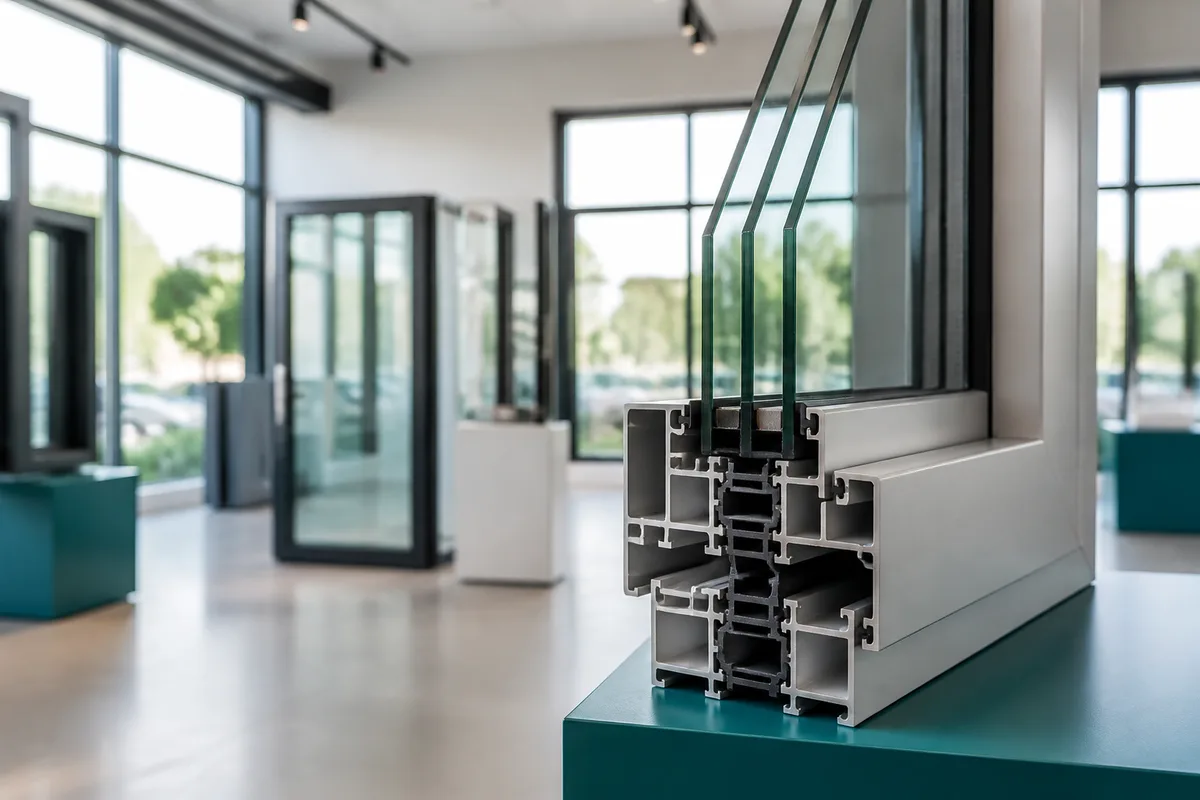 Détail d’une coupe de profilé aluminium présentée sur un stand